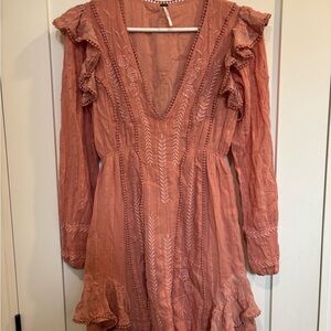 Free People 100% Cotton Dusty Rose Embroidered V-Neck Mini Dress